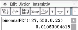 Screenshot einer Software mit einer Berechnung zur binomialen Wahrscheinlichkeitsdichtefunktion.