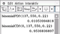 Mathematische Berechnungen mit binomialer Wahrscheinlichkeit in einer Software-Oberfläche.