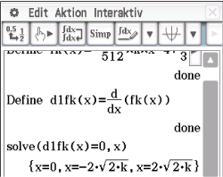 Screenshot einer Software zur mathematischen Berechnung mit Ableitungen und Lösungen.