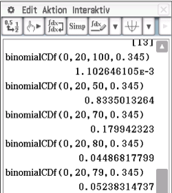 Tabelle mit Berechnungen der binomialen kumulierten Verteilungsfunktion in einer Softwareanwendung.