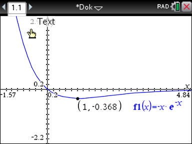 Graph einer Funktion mit der Gleichung f1(x)=-x·e^(-x) und einer markierten Stelle in einem Koordinatensystem.