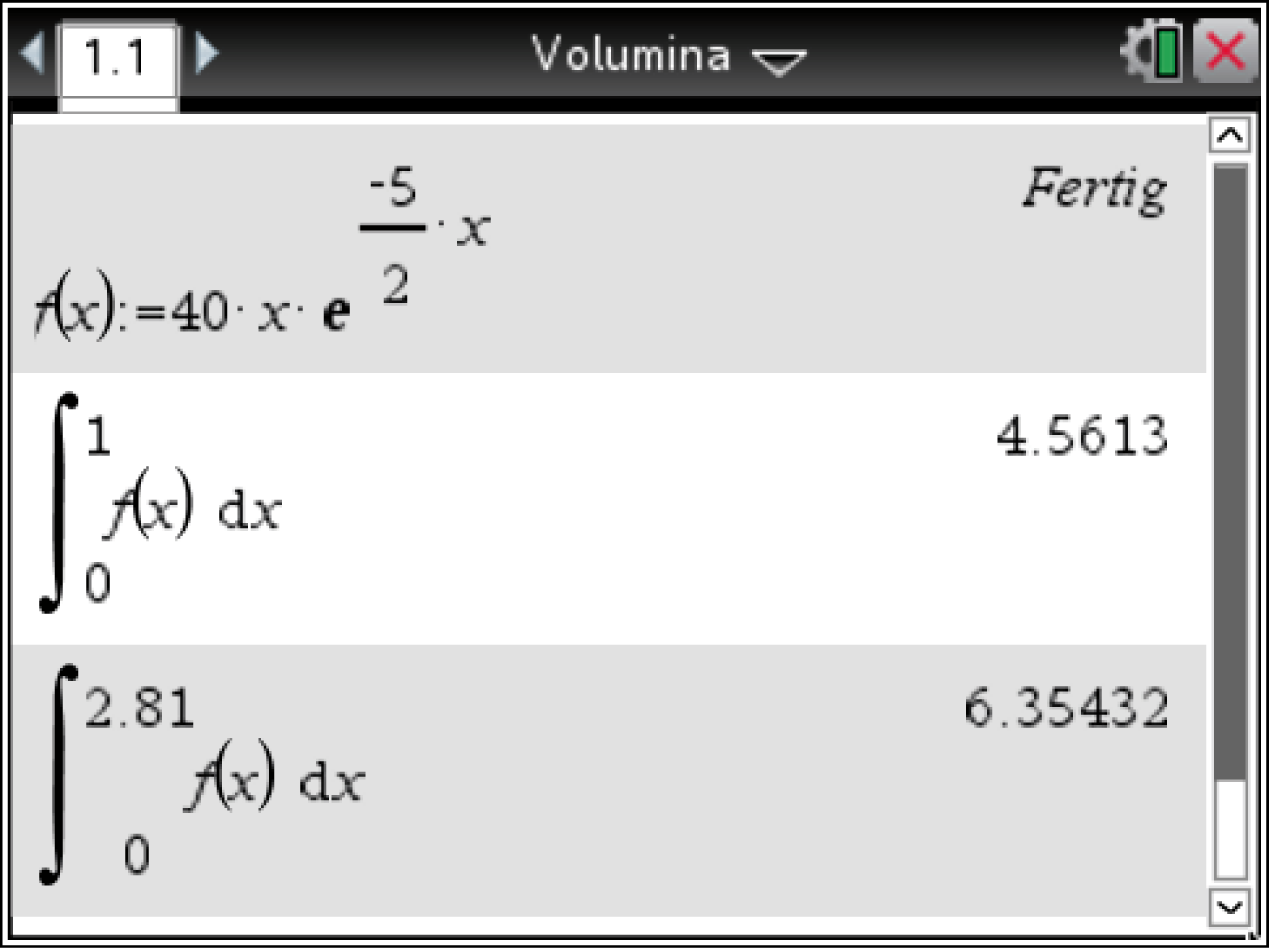 Mathematische Berechnungen mit Integralen und Funktionen in einem Software-Interface.
