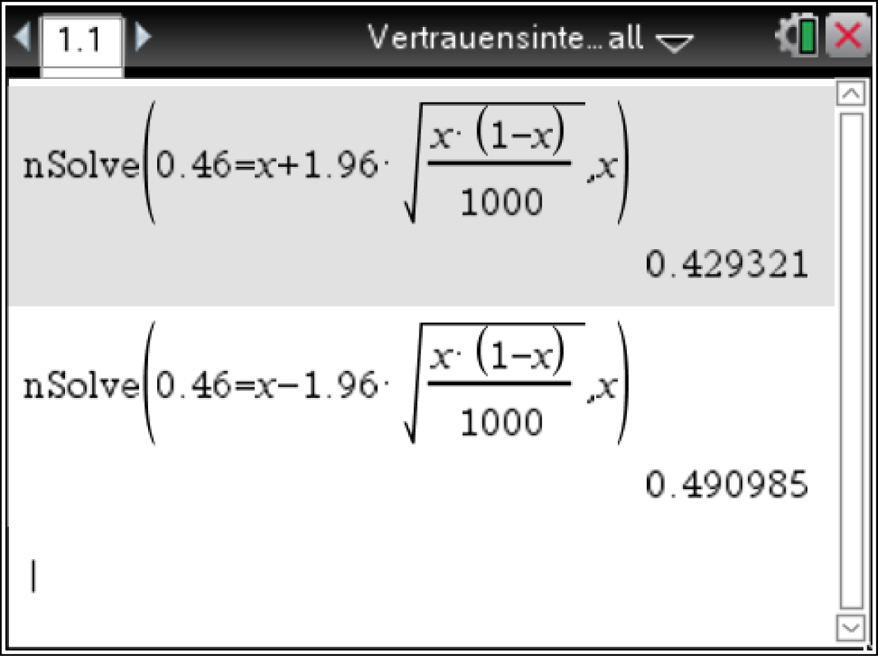 Bildschirmansicht eines Taschenrechners mit mathematischen Gleichungen und Ergebnissen.