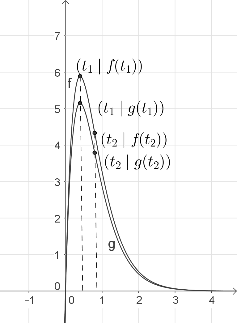 Grafik mit zwei Kurven f und g in einem Koordinatensystem mit Achsenbeschriftungen.
