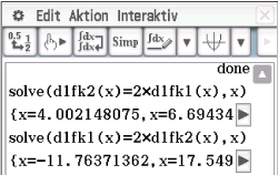 Screenshot einer mathematischen Software mit Gleichungen und Lösungen.