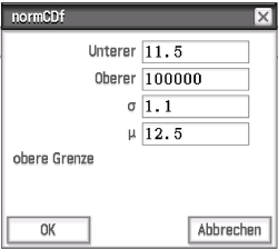 Dialogfeld für die Berechnung der Normalverteilung mit Eingabefeldern für obere und untere Grenzen, σ und μ.