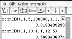 Screenshot eines mathematischen Programms mit Berechnungen zur Normalverteilung.