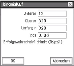 Dialogfenster zur Berechnung einer binomialen kumulativen Verteilungsfunktion mit Eingabefeldern.