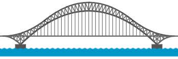 Grafische Darstellung einer Brücke über Wasser mit einem geschwungenen Bogen und Stützpfeilern.