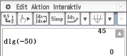 Mathematiksoftware mit Eingabefeld und Befehlen, zeigt Berechnung für d1g(-50) an.