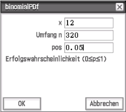 Dialogfenster für die Berechnung der binomischen Wahrscheinlichkeitsverteilung mit Eingabefeldern.