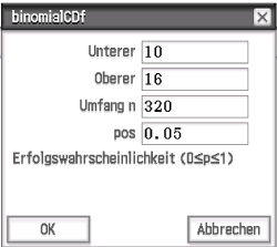 Dialogfenster für die Berechnung der binomialen kumulativen Verteilungsfunktion mit Eingabefeldern.