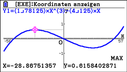 Graphische Darstellung einer mathematischen Funktion mit Koordinaten und Maximalwerten.