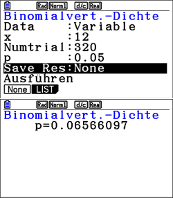 Screenshot einer Berechnung zur binomialen Verteilung mit angezeigten Werten und Ergebnissen.