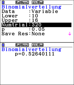 Screenshot einer Berechnung zur Binomialverteilung mit verschiedenen Parametern.