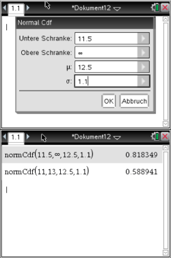 Screenshot einer Software mit Eingabefeldern für Normalverteilung und Ergebnissen in einem Dokument.
