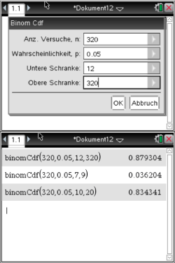 Screenshot einer statistischen Software mit Binomialverteilungseinstellungen und Berechnungsergebnissen.