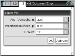 Dialogfenster für die Berechnung einer Binomialverteilung mit Eingabefeldern.