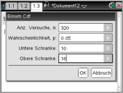 Eingabemaske für eine binomiale Verteilung mit verschiedenen Parametern.