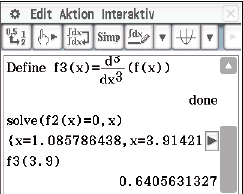 Bildschirmaufnahme einer mathematischen Software mit Funktionen und Berechnungen.