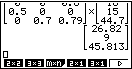Mathematische Berechnung auf einem Taschenrechner mit Matrixdarstellung und Ergebnissen.