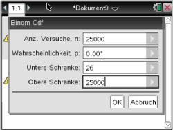Screenshot einer Software mit Eingabefeldern für binomiale Verteilung.