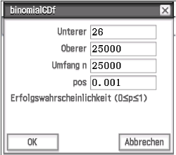 Dialogfeld für die Berechnung der binomialen kumulativen Verteilungsfunktion mit Eingabefeldern.