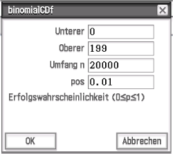 Dialogfeld zur Berechnung der binomialen kumulativen Verteilungsfunktion mit Eingabefeldern.