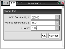 Eingabemaske für eine Binomialverteilung mit Feldern für Versuche, Wahrscheinlichkeit und X-Wert.