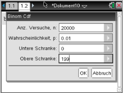 Eingabefenster für eine binomiale Verteilung mit verschiedenen Parametern und Optionen.