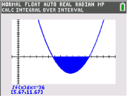 Grafik eines Integrals mit einer blauen Fläche unter einer Parabel auf einem Taschenrechner-Display.