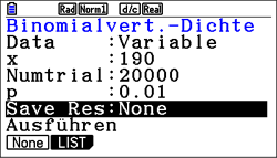 Screenshot einer Berechnungsanwendung mit Binomialverteilung und verschiedenen Parametern.