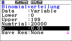 Bildschirmansicht einer Software zur Berechnung der Binomialverteilung mit verschiedenen Parametern.