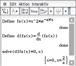 Mathematische Software zeigt die Definition einer Funktion und deren Ableitung. Ergebnisse der Gleichung werden dargestellt.