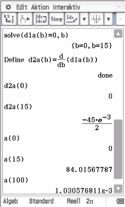 Screenshot einer mathematischen Software mit Gleichungen und Berechnungen.