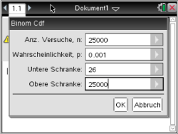 Dialogfenster für Binomialverteilung mit Eingabefeldern für Versuche, Wahrscheinlichkeit und Schranken.