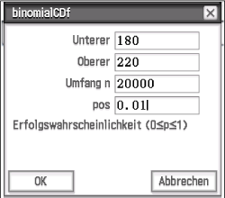Dialogfenster zur Berechnung der binomialen kumulativen Verteilungsfunktion mit Eingabefeldern.