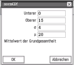 Dialogfenster für die Berechnung einer Normalverteilung mit Eingabefeldern für obere und untere Grenzen sowie Mittelwert.