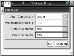 Grafische Benutzeroberfläche für die Berechnung der Binomialverteilung mit Eingabefeldern.