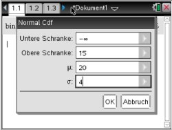 Dialogfenster für die Normalverteilung mit Eingabefeldern für obere und untere Schranken, μ und σ.