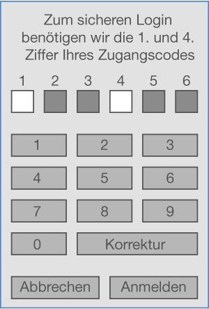 Bild einer Login-Oberfläche mit Eingabefeldern für einen Zugangscode und Schaltflächen zum Anmelden oder Abbrechen.