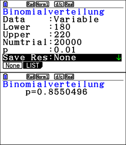 Bildschirmansicht einer Software zur Berechnung der Binomialverteilung mit Daten und Ergebnissen.