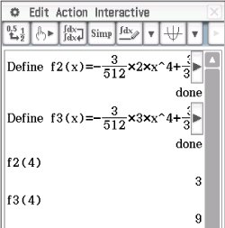 Mathematische Funktionen f2 und f3 werden definiert und ausgewertet. Ausgabe der Werte für f2(4) und f3(4).