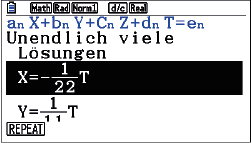 Mathematische Gleichungen mit unendlich vielen Lösungen und Variablen X und Y auf einem Taschenrechner-Display.