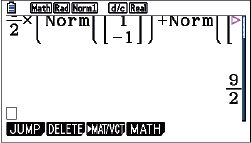 Mathematische Berechnungen auf einem Grafikrechner mit Norm-Funktionen und Ergebnissen.