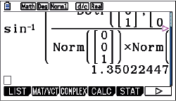 Mathematical expression showing the inverse sine function and matrix norms on a calculator display.
