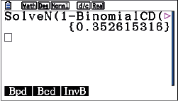 Screenshot eines mathematischen Berechnungsprogramms mit der Funktion SolveN und BinomialCD.