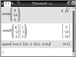 Mathematische Berechnungen in einer Software, inklusive Norm, Kreuzprodukt und Gleichungslösung.
