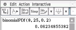 Screenshot einer mathematischen Software mit einer Berechnung zur Binomialverteilung.