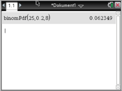 Screenshot einer Software mit einer Berechnung zu binomialen Wahrscheinlichkeiten.